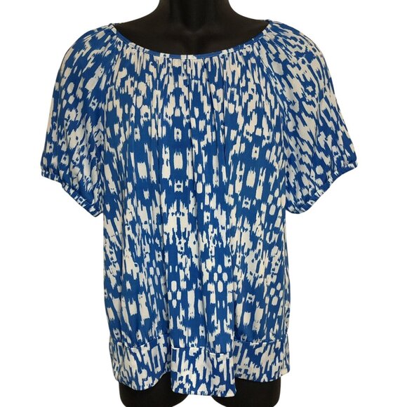 Cathy Daniels Tops - Cathy Daniels Blue/White  Geometric Print Short Sleeve Shirt Women’s Size Large